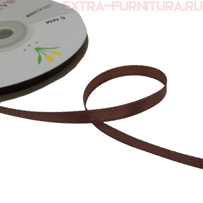 Лента атласная  6 мм  цв.203 темно-коричневый рул. 27,42м
